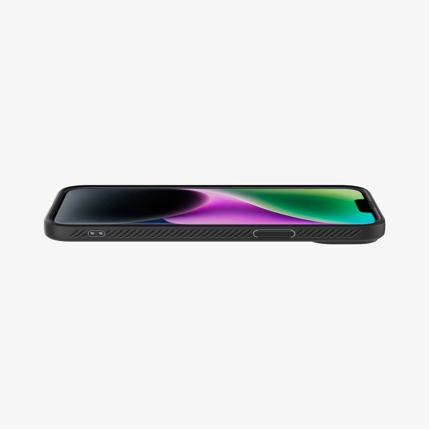 ACS04891 - iPhone 14 Plus Case Liquid Air in matte black showing the front and side with device laying flat