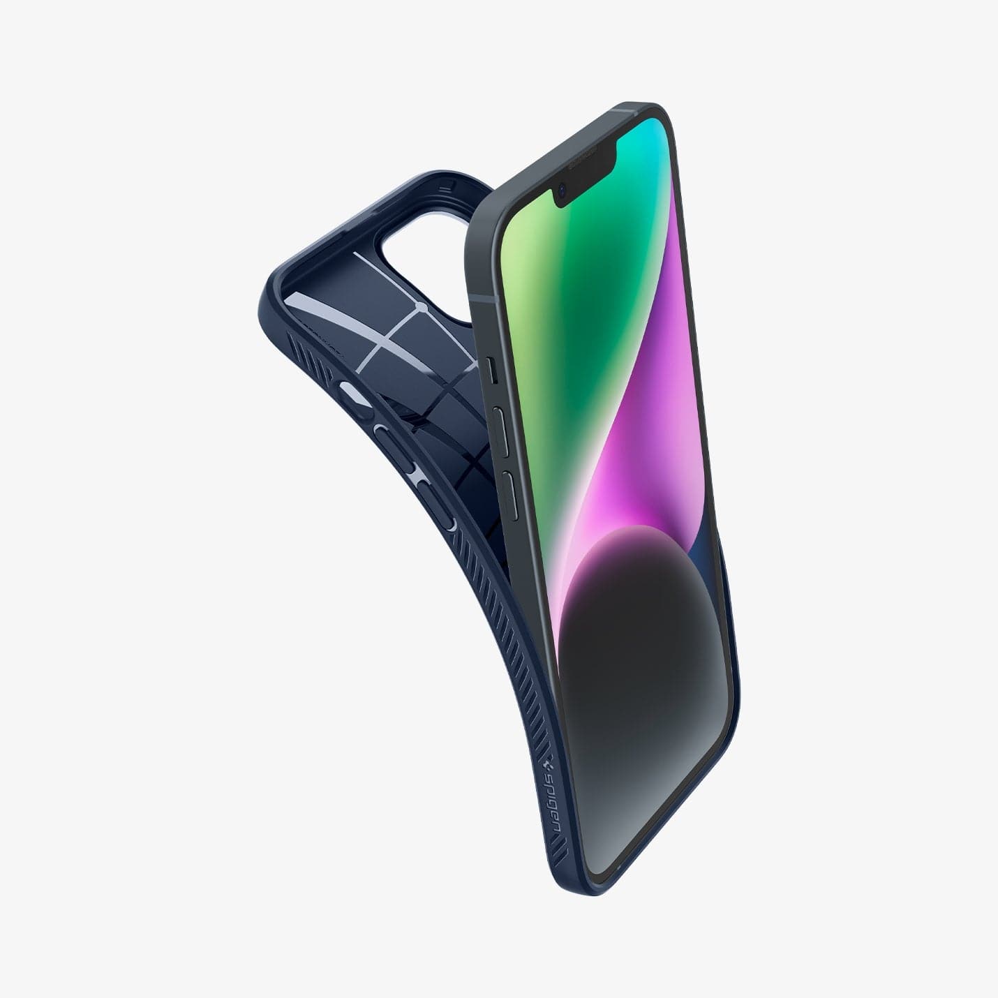 ACS04892 - iPhone 14 Plus Case Liquid Air in navy blue showing the back bending slightly away from device to show the flexibility