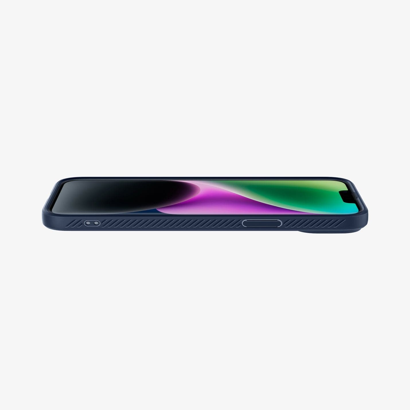 ACS04892 - iPhone 14 Plus Case Liquid Air in navy blue showing the front and side with device laying flat