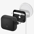 ACS03644 - Airpods 3 Mag Armor in black showing front, inside with magnets, and magsafe charging stand