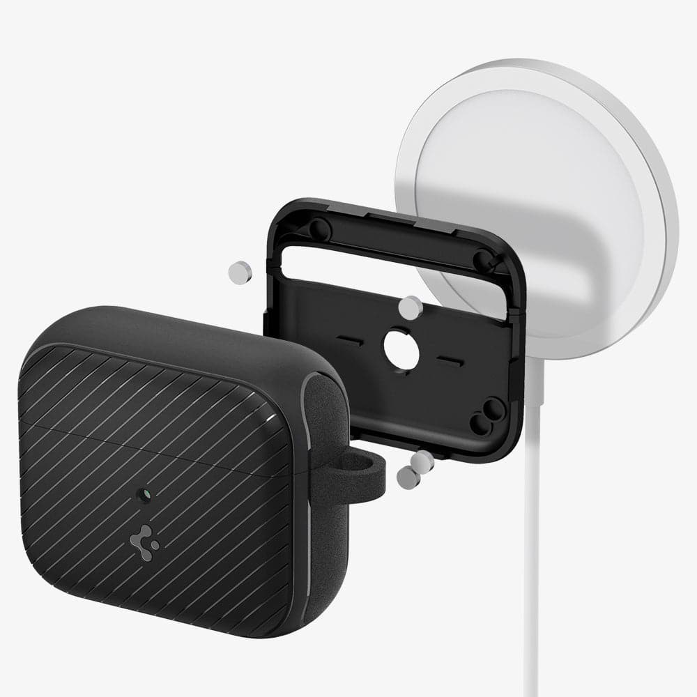 ACS03644 - Airpods 3 Mag Armor in black showing front, inside with magnets, and magsafe charging stand