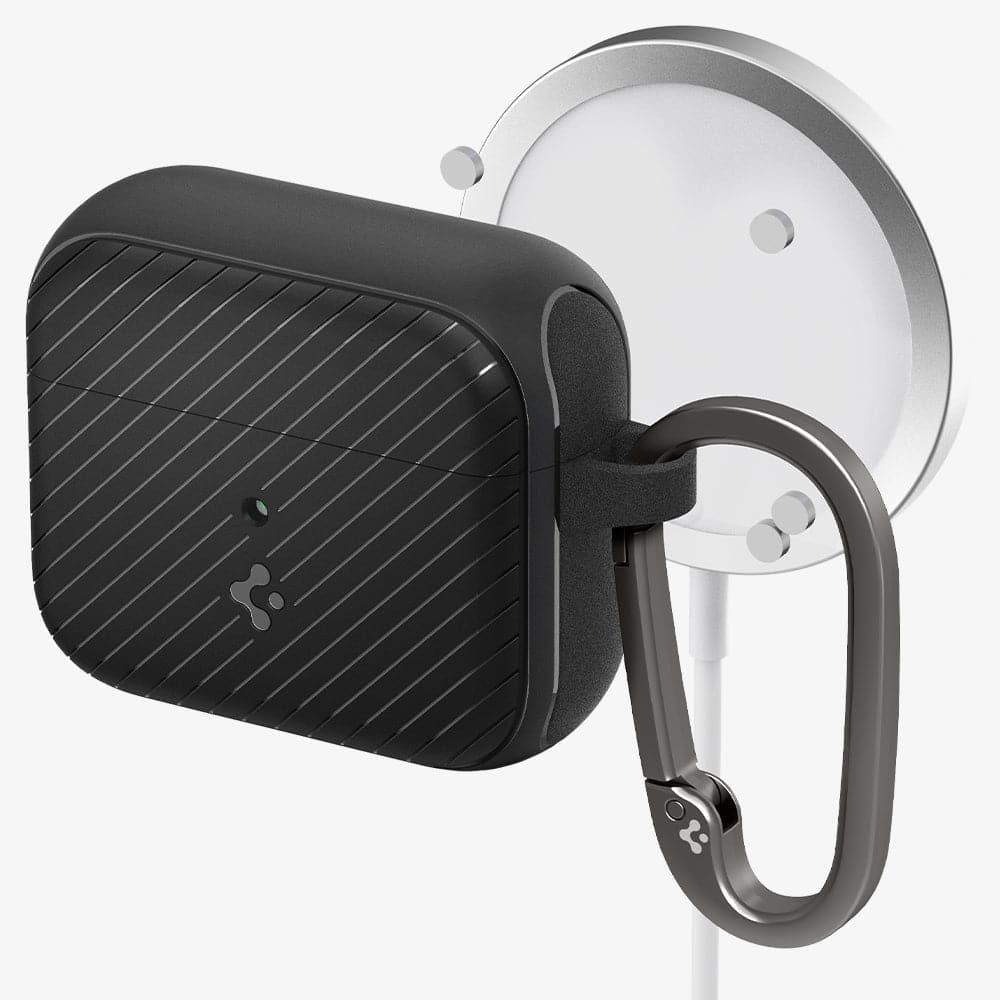 ACS03644 - Airpods 3 Mag Armor in black showing the front with magsafe charger hovering behind