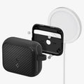 ACS03644 - Airpods 3 Mag Armor in black showing front, inside with magnets, and magsafe charging stand