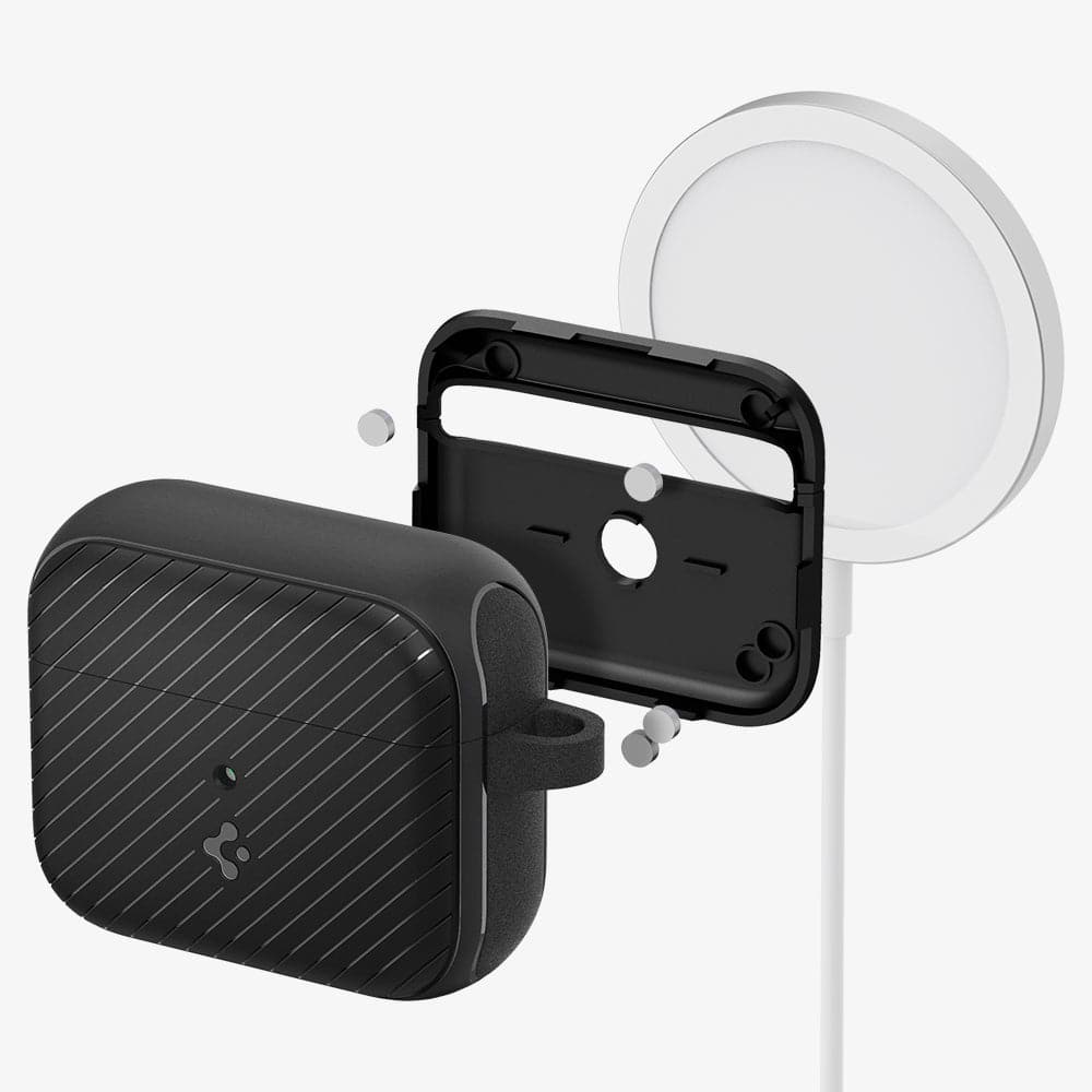ACS03644 - Airpods 3 Mag Armor in black showing front, inside with magnets, and magsafe charging stand