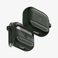 ASD01979 - Apple AirPods 3 Case Rugged Armor in military green showing the front, back, bottom and carabiner
