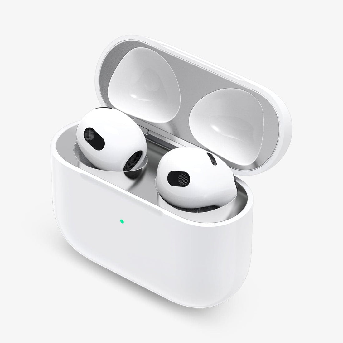 ASD01986 - Apple Airpods 3 Shine Shield in metallic silver showing the front with top open and one AirPod inside of case and other outside