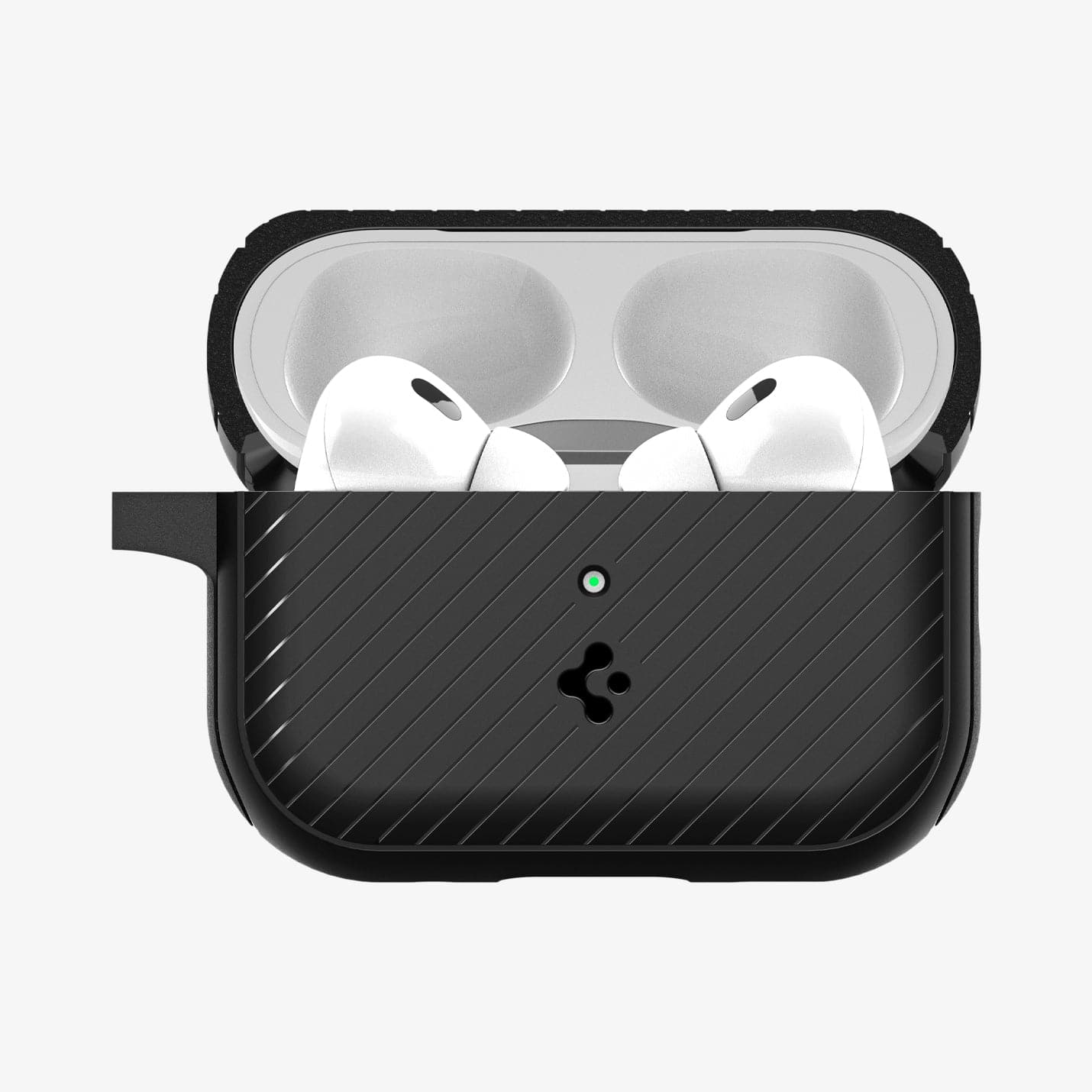 ACS05484 - Apple AirPods Pro 2 Case Mag Armor (MagFit) in matte black showing the front with top open and AirPods inside