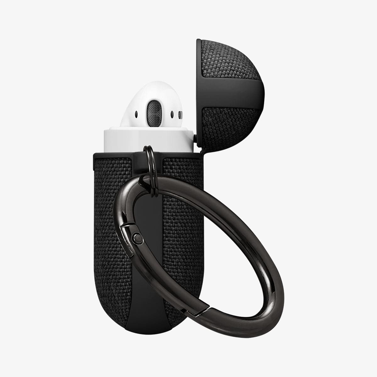 074CS27030 - Apple AirPods 1 / 2 Case Urban Fit in black showing the side, carabiner and top open with AirPods inside