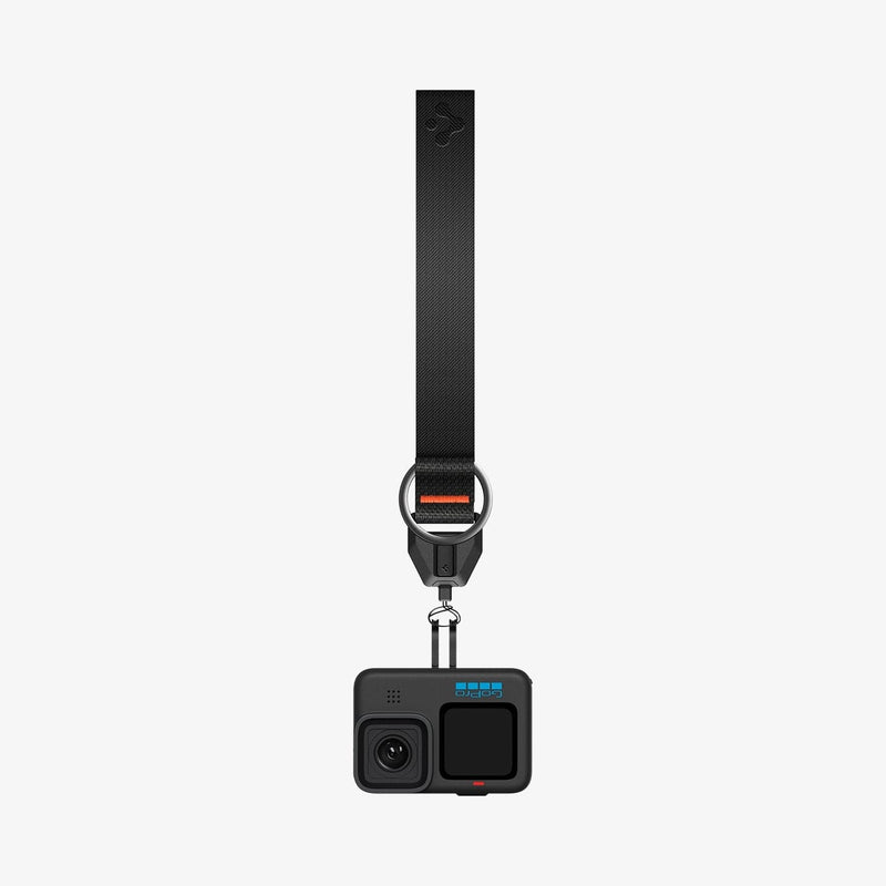 ASD05860 - AirPods Series Lanyard + Keychain in black showing the lanyard attached to a GoPro