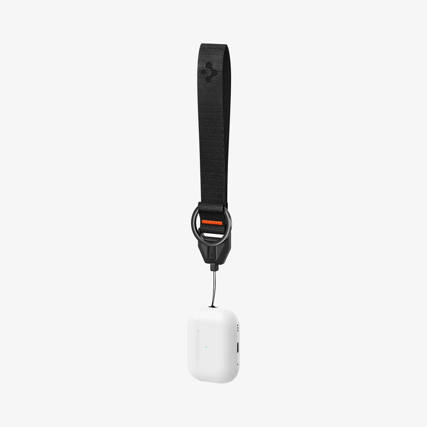 ASD05860 - AirPods Series Lanyard + Keychain in black showing the lanyard attached to AirPods