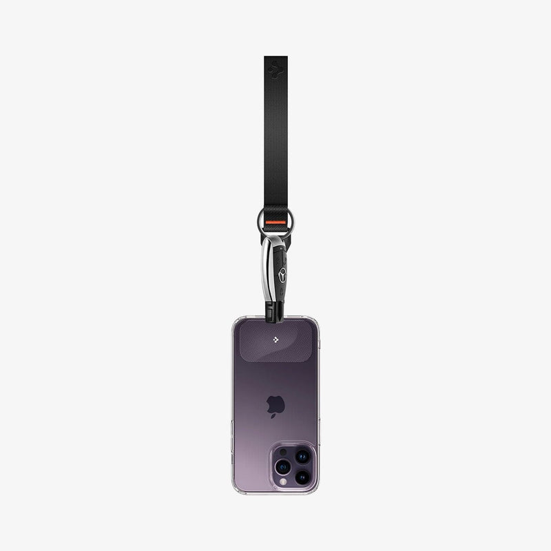 ASD05860 - AirPods Series Lanyard + Keychain in black showing the lanyard attached to a iPhone