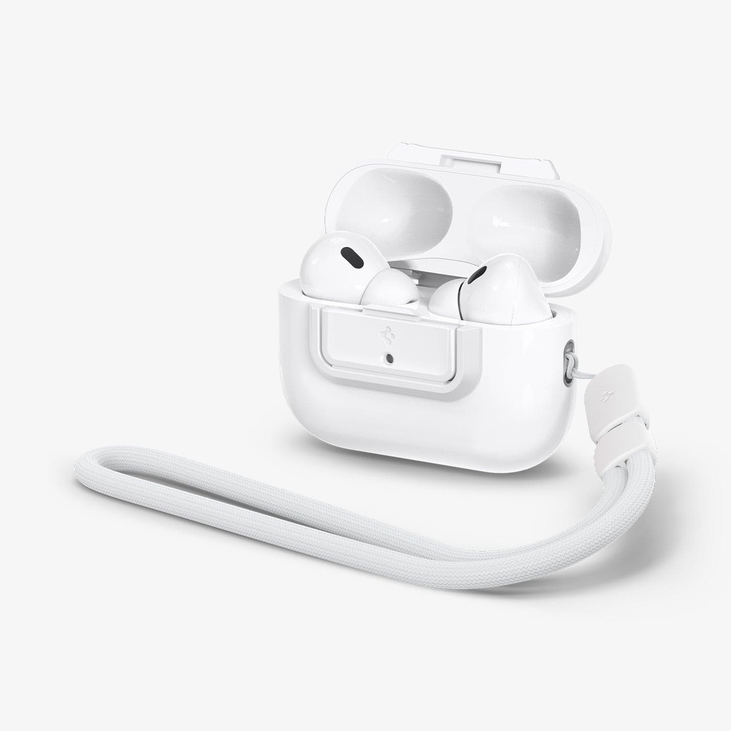 ASD06090 - Apple AirPods Pro / AirPods Pro 2 Case Lock Fit in white showing the front and side with lanyard attached and top open with AirPods inside