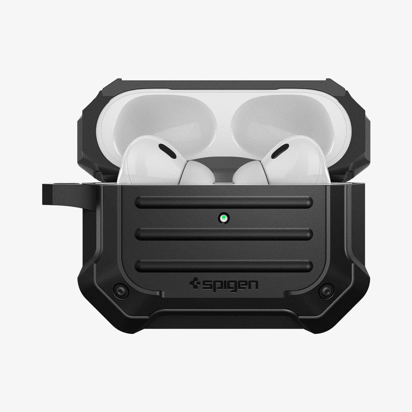 ACS05480 - Apple AirPods Pro 2 Case Tough Armor in black showing the front with top open and AirPods inside