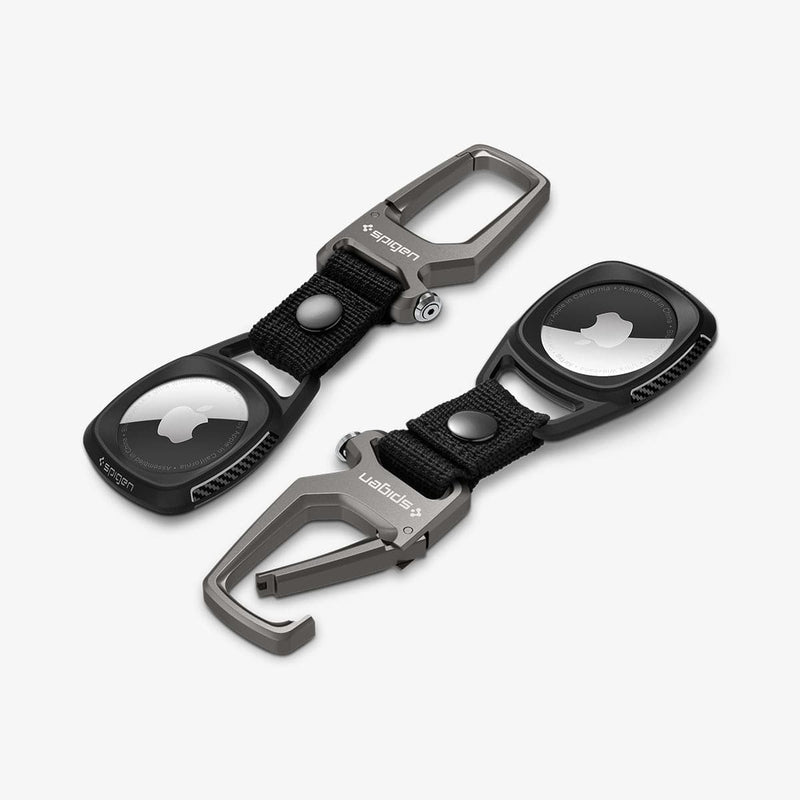 AMP01565 - AirTag Case Rugged Armor shown laying flat on surface with carabiner