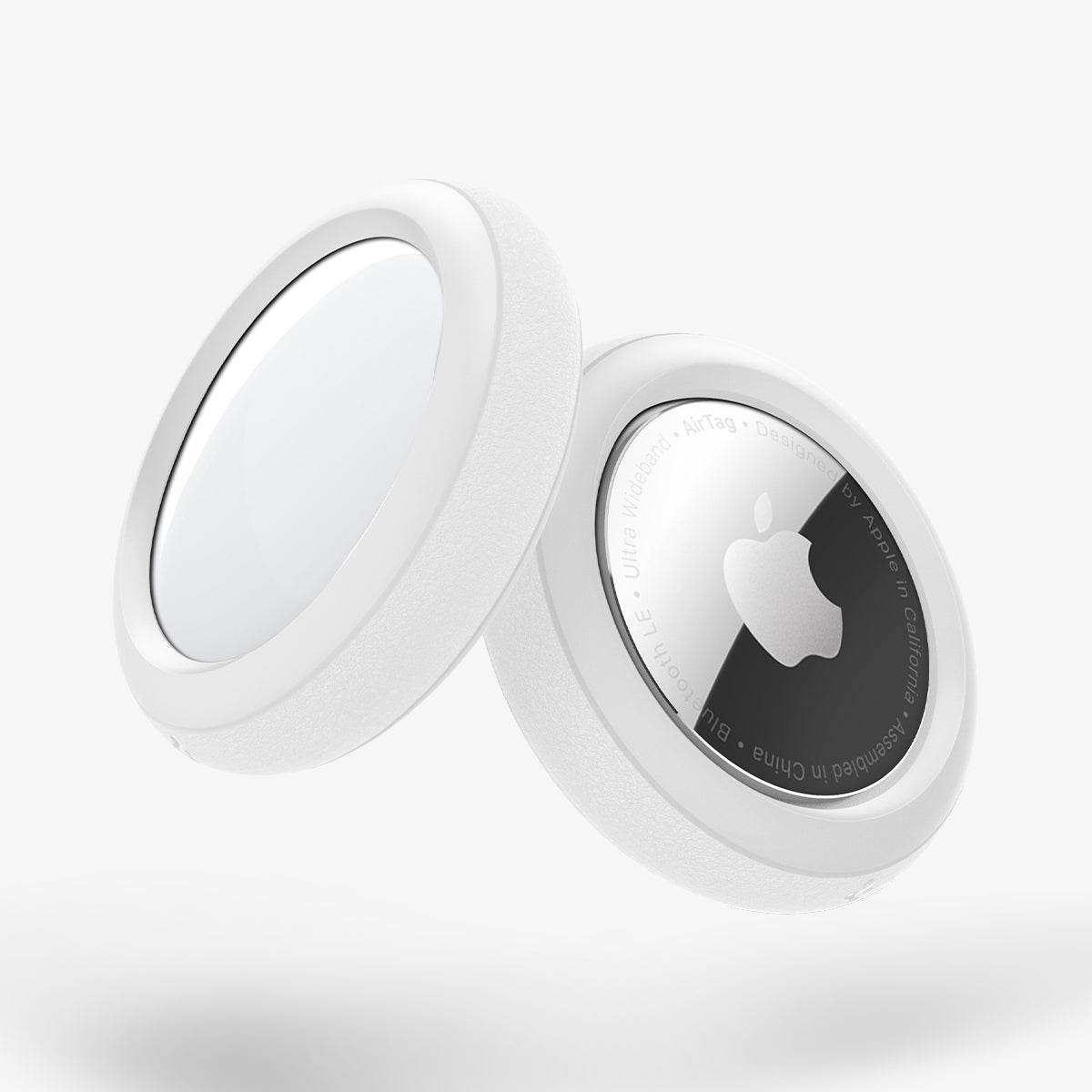AHP03071 - Apple AirTag Case Silicone Fit in white showing the front displaying both sides of Airtag