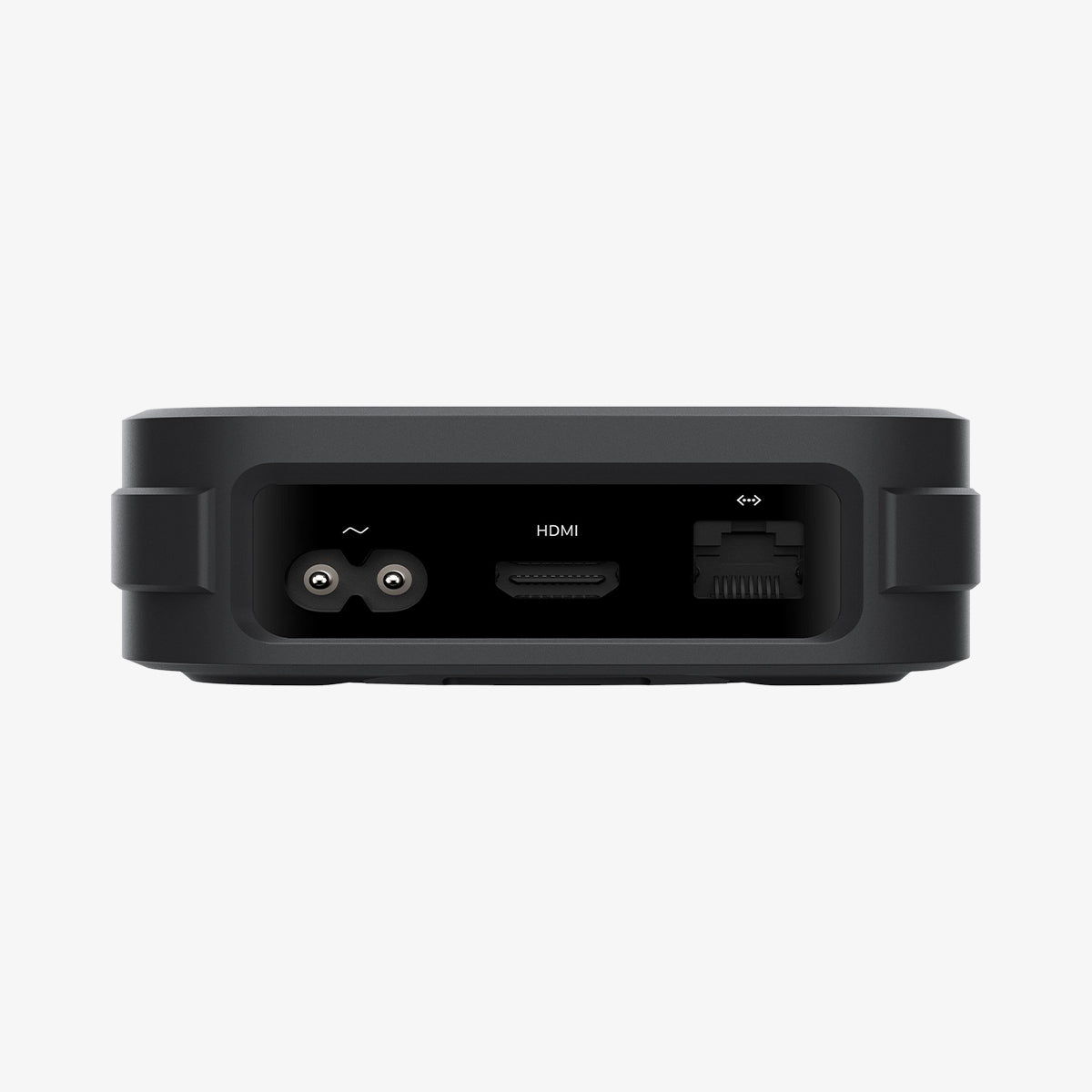 AMP03785 - Apple TV 4K Mount Silicone Fit in black showing the back with cutout for ports