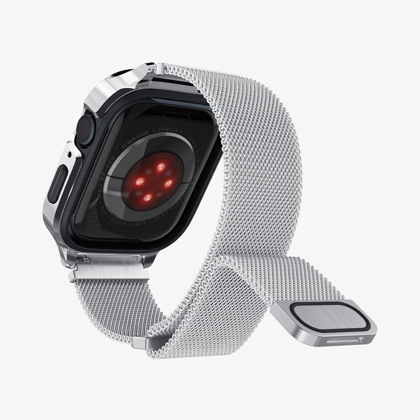 ACS04584 - Apple Watch Series (Apple Watch (45mm)) Case Metal Fit Pro in silver showing the back and inside of band