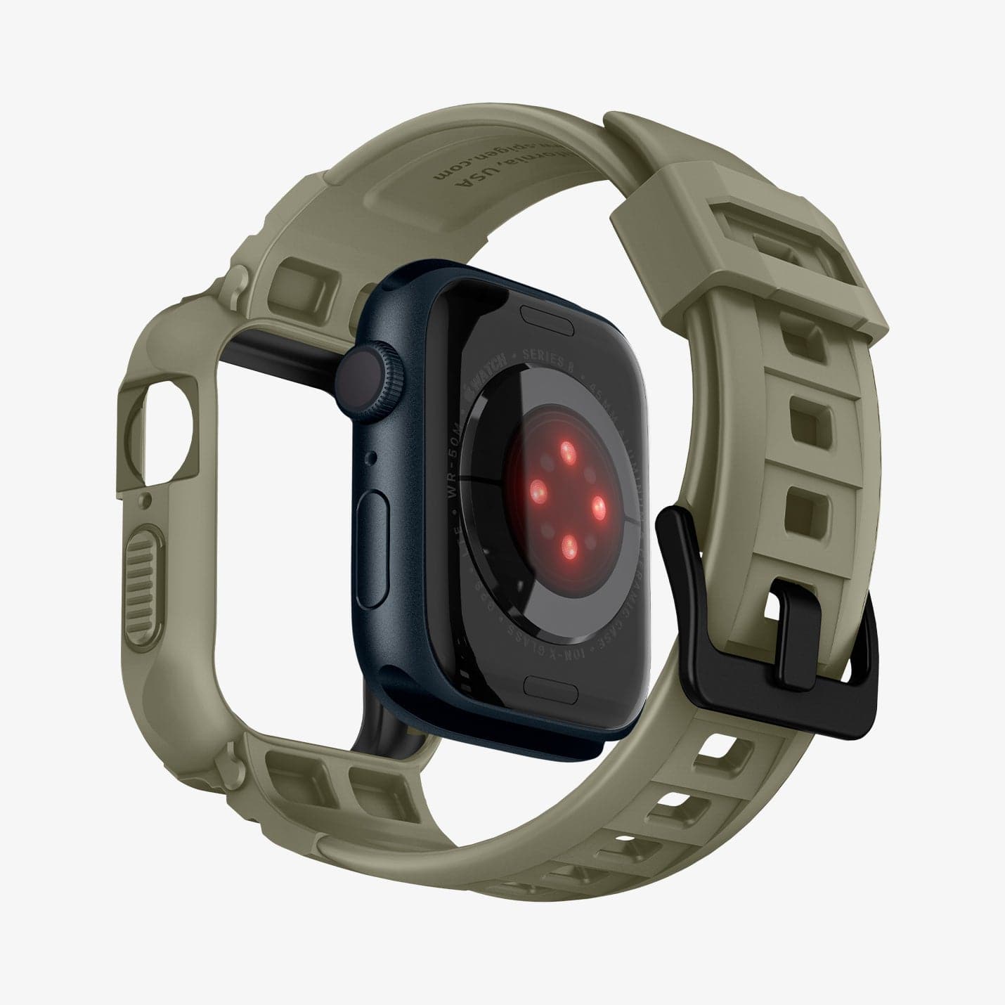 ACS05914 - Apple Watch Series (Apple Watch (45mm)) Case Rugged Armor Pro in vintage khaki showing the back with watch face hovering away from band
