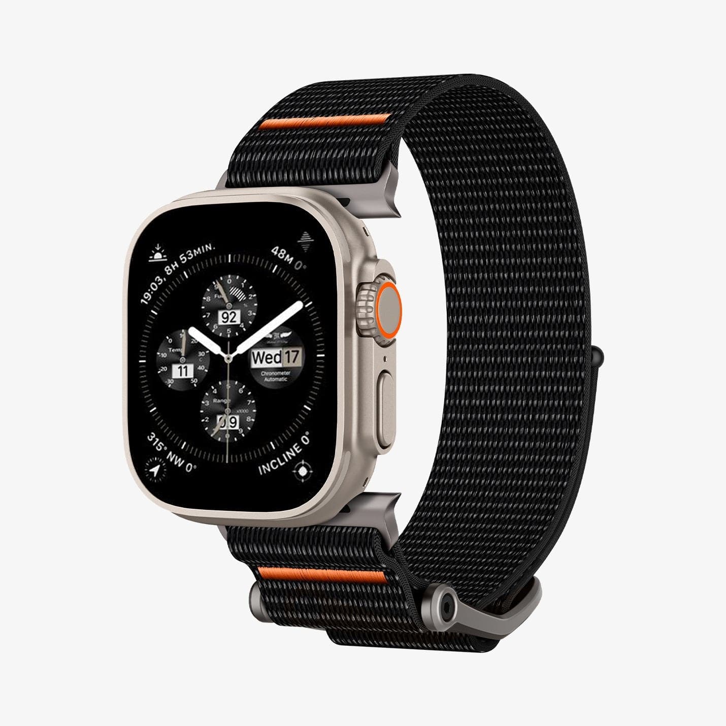 AMP05981 - Apple Watch (45mm) DuraPro Flex Ultra in Black showing the front of watch face detached from the strap of the band showing inner side and bottom
