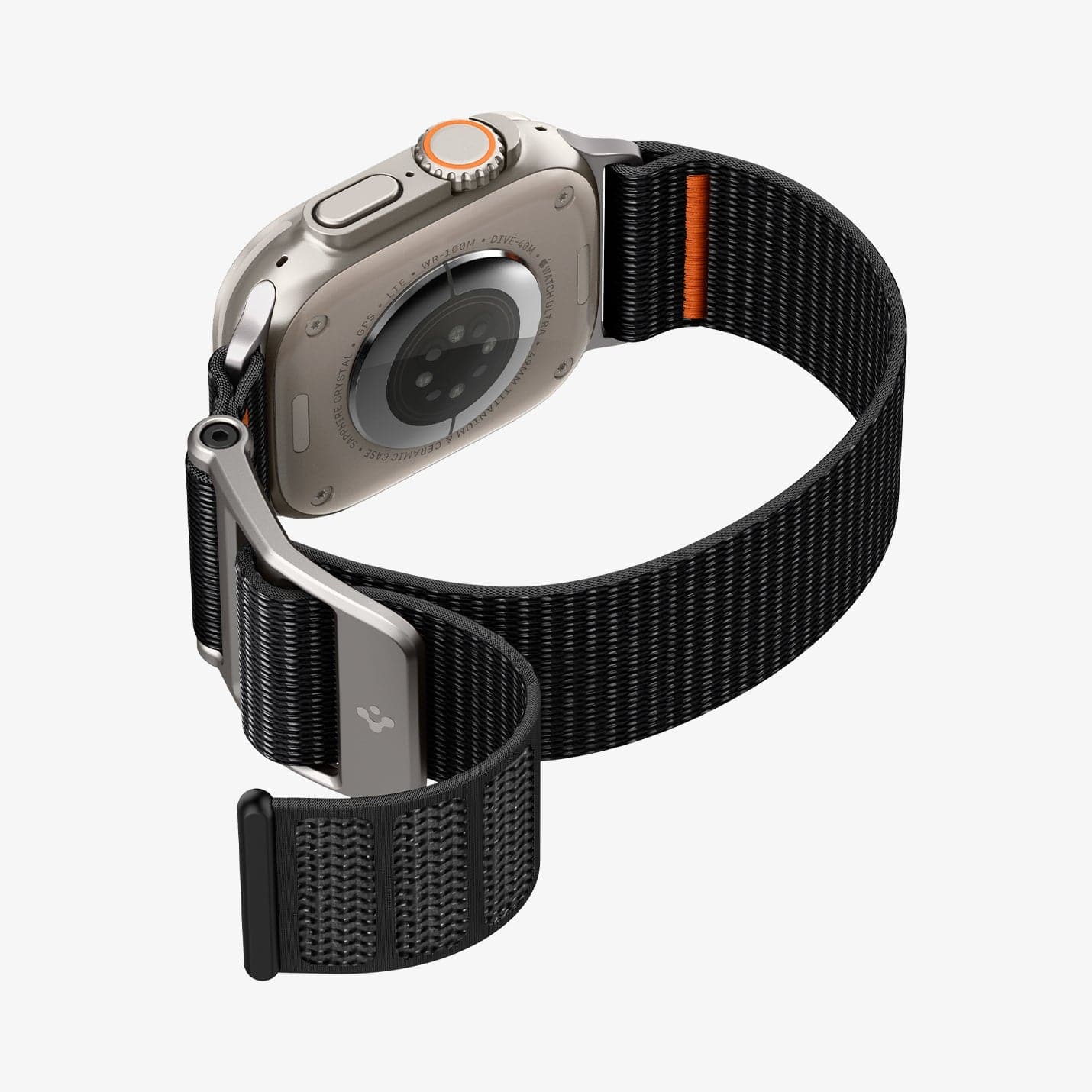 AMP05981 - Apple Watch (45mm) DuraPro Flex Ultra in Black showing the back, side, partial inner and bottom with flowing side of the strap