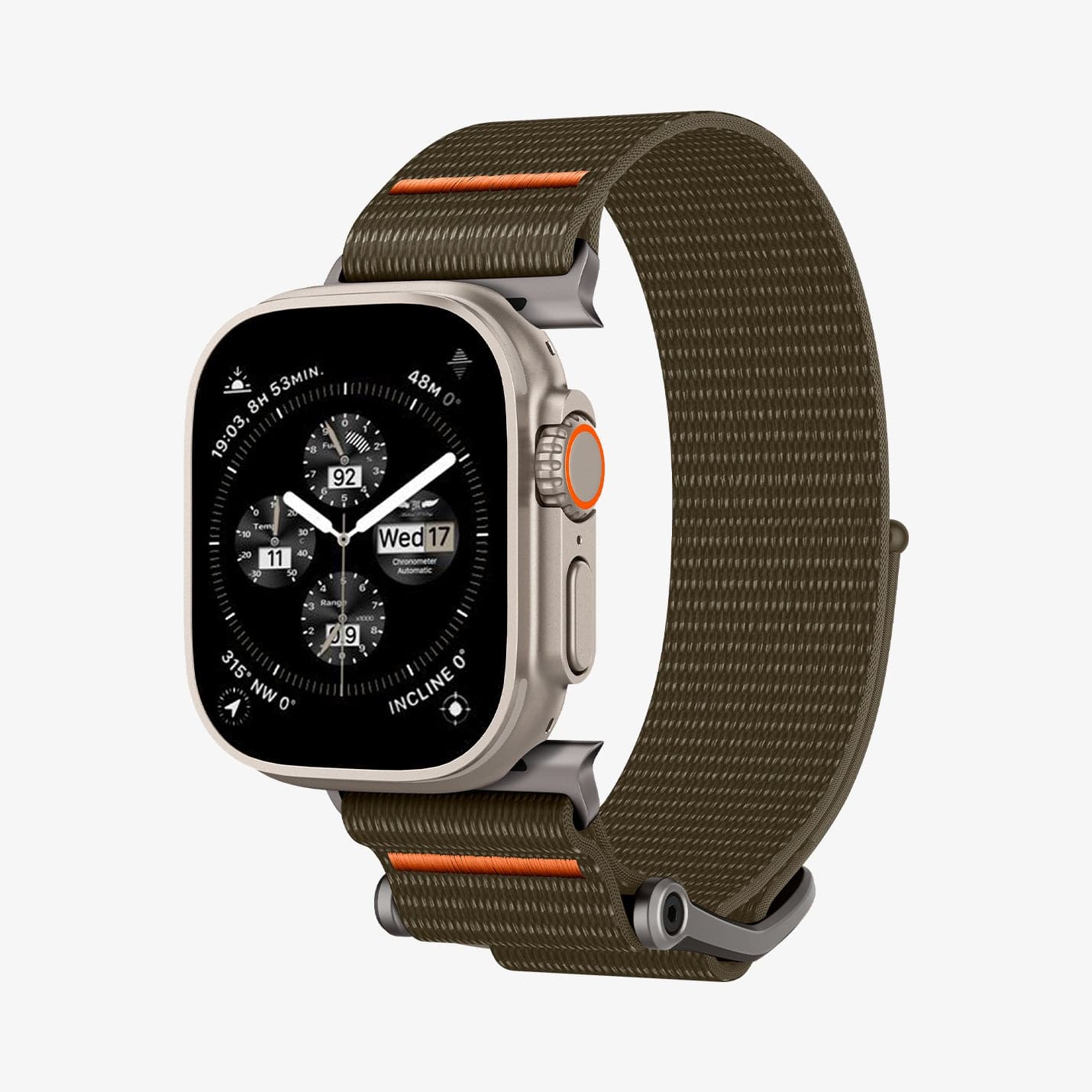 AMP05982 - Apple Watch (49mm) DuraPro Flex Ultra in Khaki showing the front of watch face detached from the strap of the band showing inner side and bottom