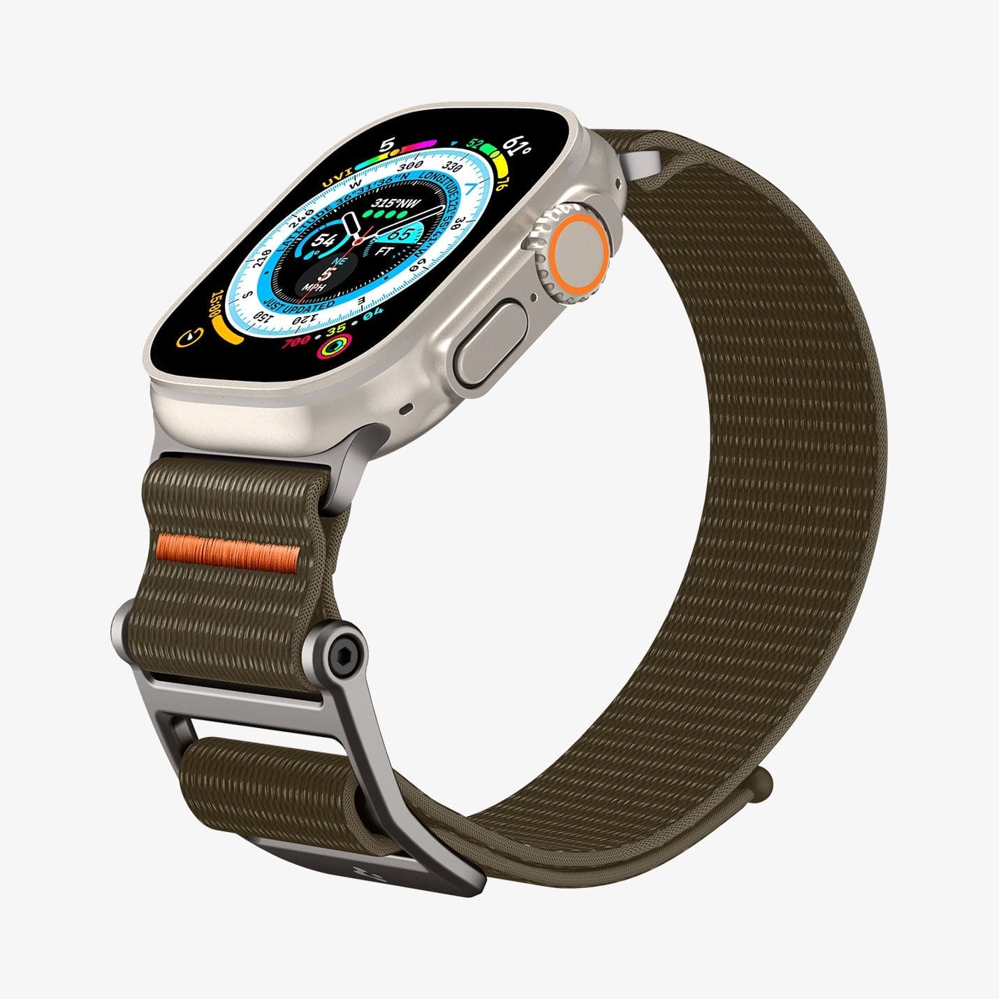 AMP05982 - Apple Watch (49mm) DuraPro Flex Ultra in Khaki showing the front, side and inner side and bottom
