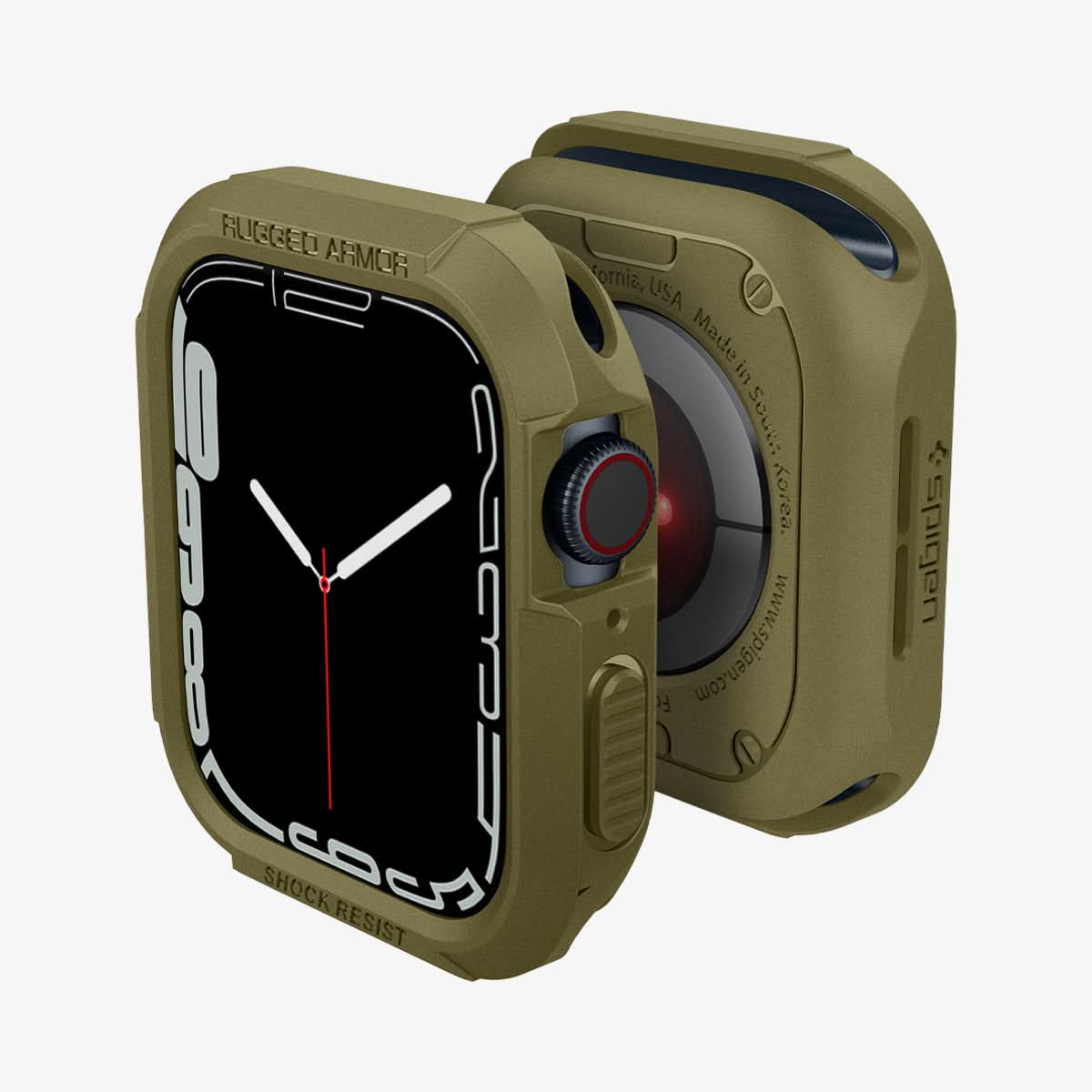 061CS26014 - Apple Watch Series (Apple Watch (41mm)) Case Rugged Armor in olive green showing the front, back and sides
