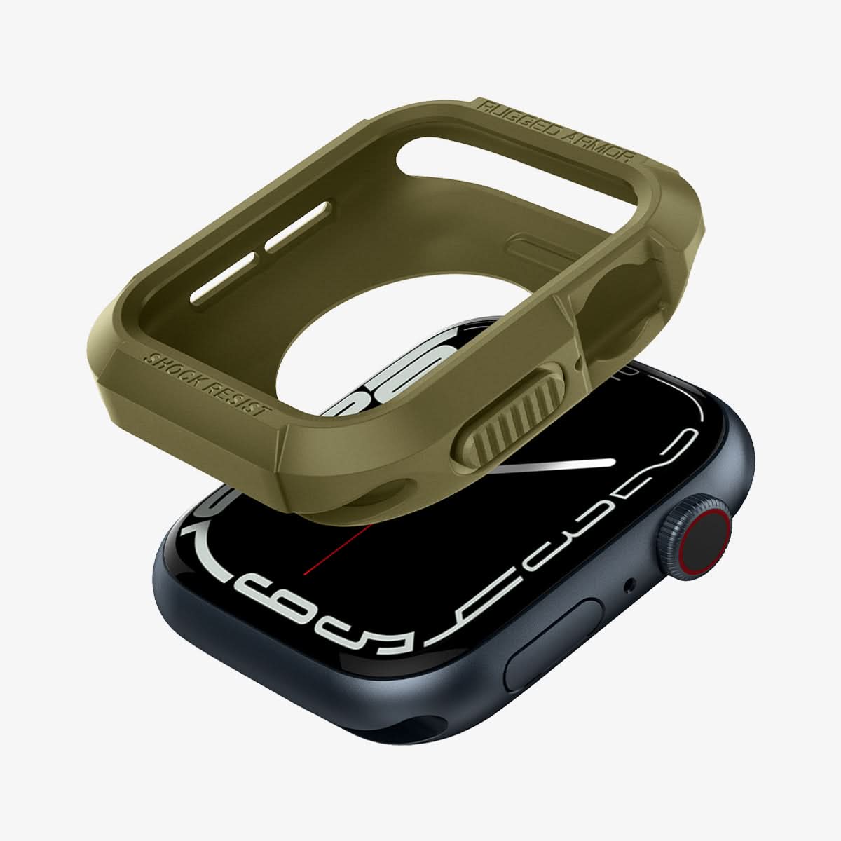 062CS26015 - Apple Watch Series (Apple Watch (45mm)) Case Rugged Armor in olive green showing the case hovering above the watch face