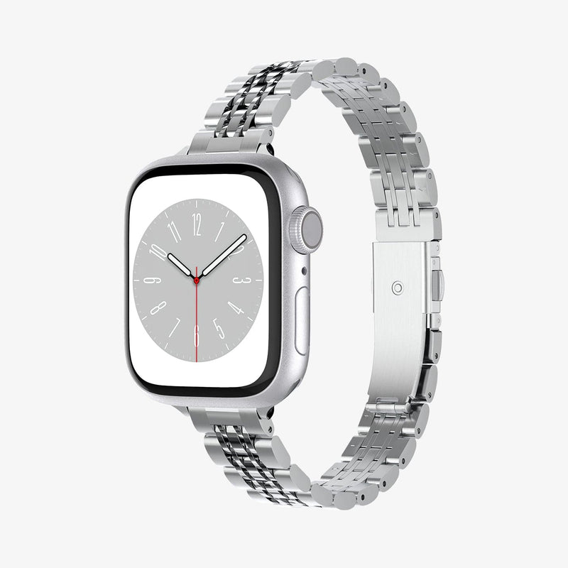 AMP06920 - Apple Watch Series Band Shine Fit in silver showing the front and inside of band