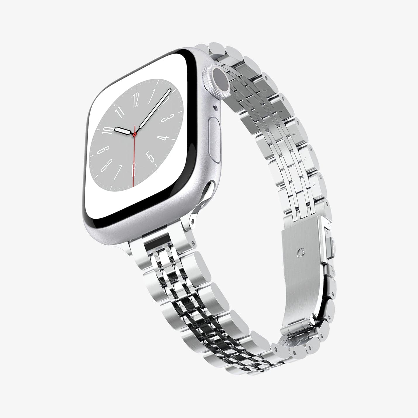 AMP06920 - Apple Watch Series Band Shine Fit in silver showing the front, side and bottom