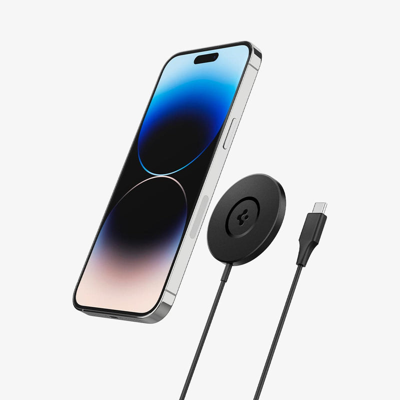 ACH04238 - ArcField™ Magnetic Wireless Charger PF2101 (MagFit) in black showing the front with a device hovering in front and showing the end of charging cable
