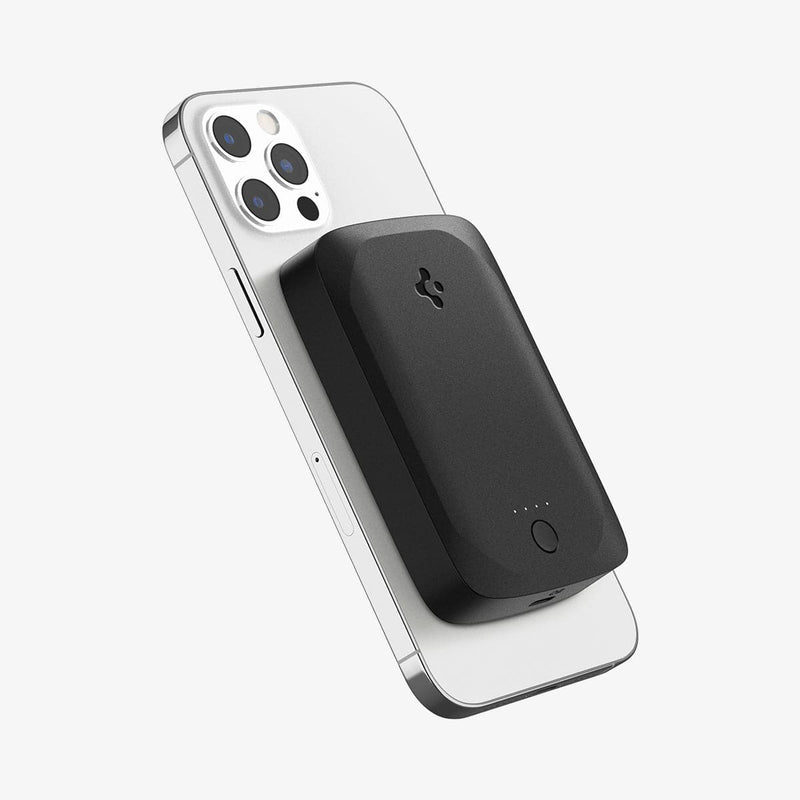 ABA04241 - ArcHybrid Portable Wireless Charger 7.5W (MagFit) in black showing the front and side with portable charger connected to back of device