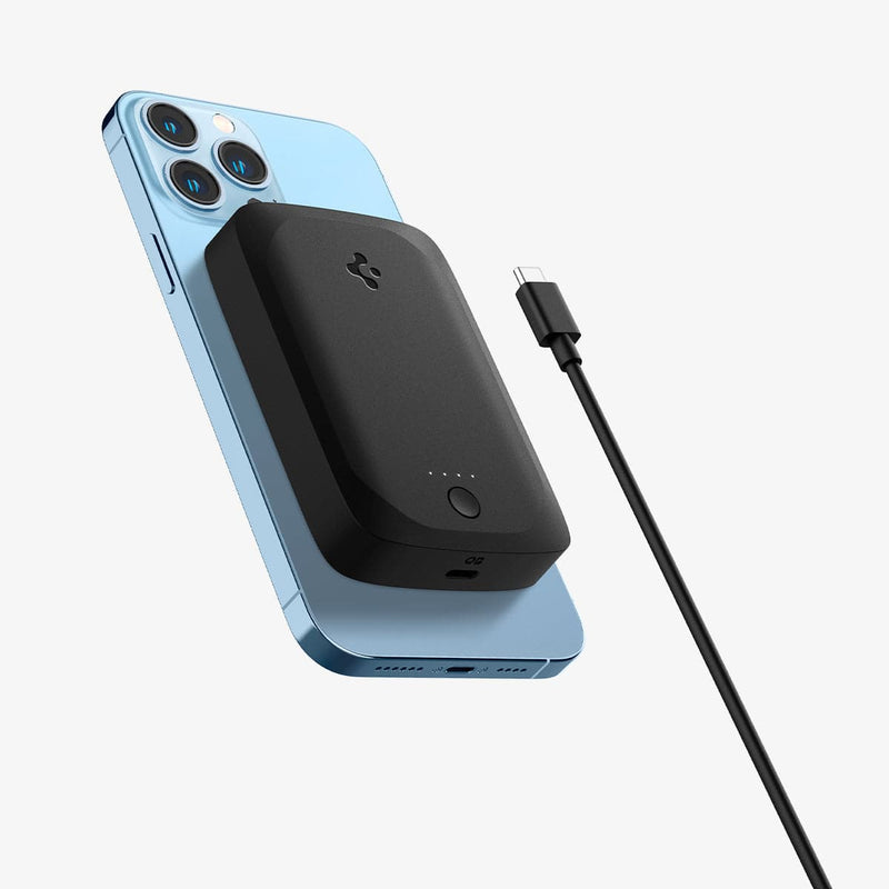 ABA04241 - ArcHybrid Portable Wireless Charger 7.5W (MagFit) in black showing the front and side with portable charger connected to back of device and charging cable hovering next to it