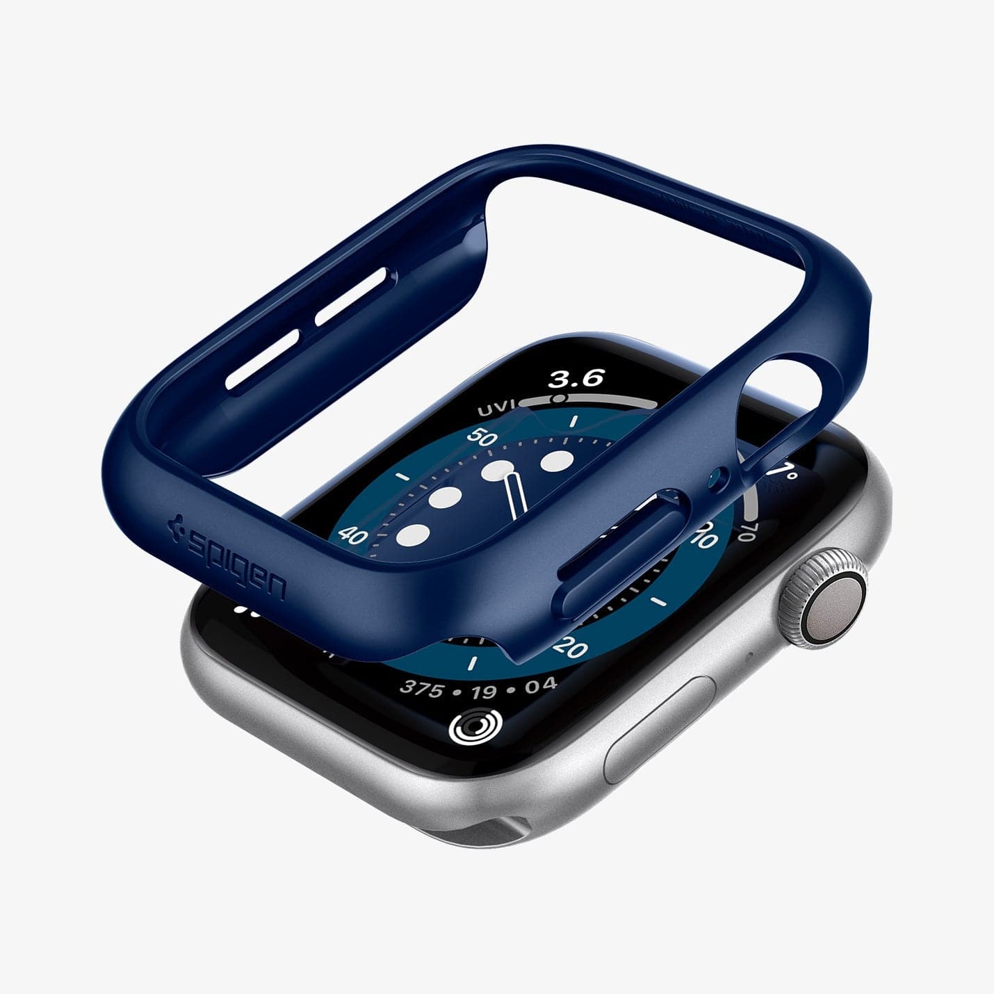 ACS02223 - Apple Watch Series (44mm) Case Thin Fit in metallic blue showing the case hovering above the watch face