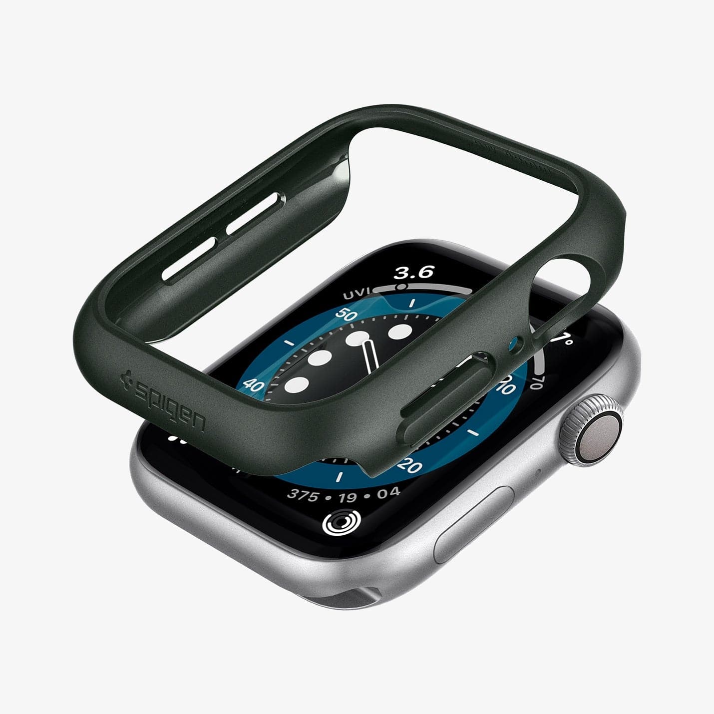 ACS02000 - Apple Watch Series (44mm) Case Thin Fit in military green showing the case hovering above the watch face