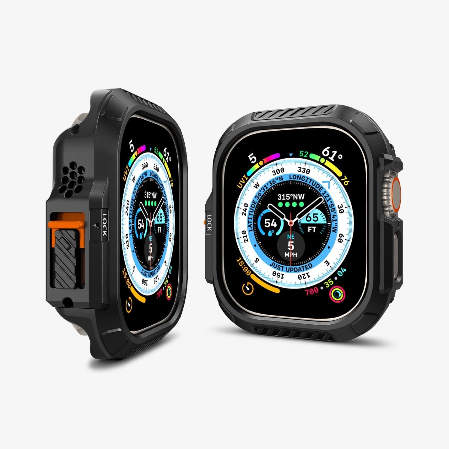 ACS06208 - Apple Watch (49mm) Lock Fit in Black showing the front and side of 2 watches face