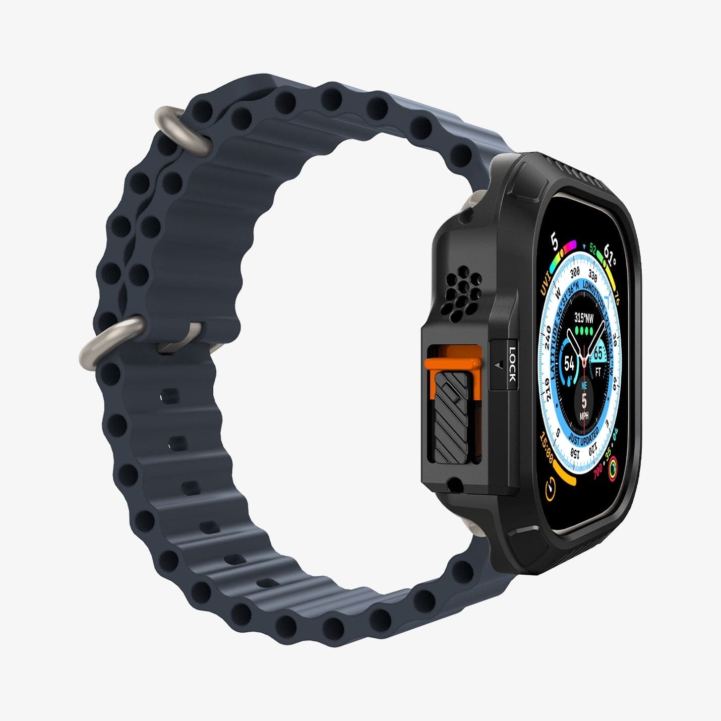 ACS06208 - Apple Watch (49mm) Lock Fit in Black showing the face, side, partial inner side and bottom