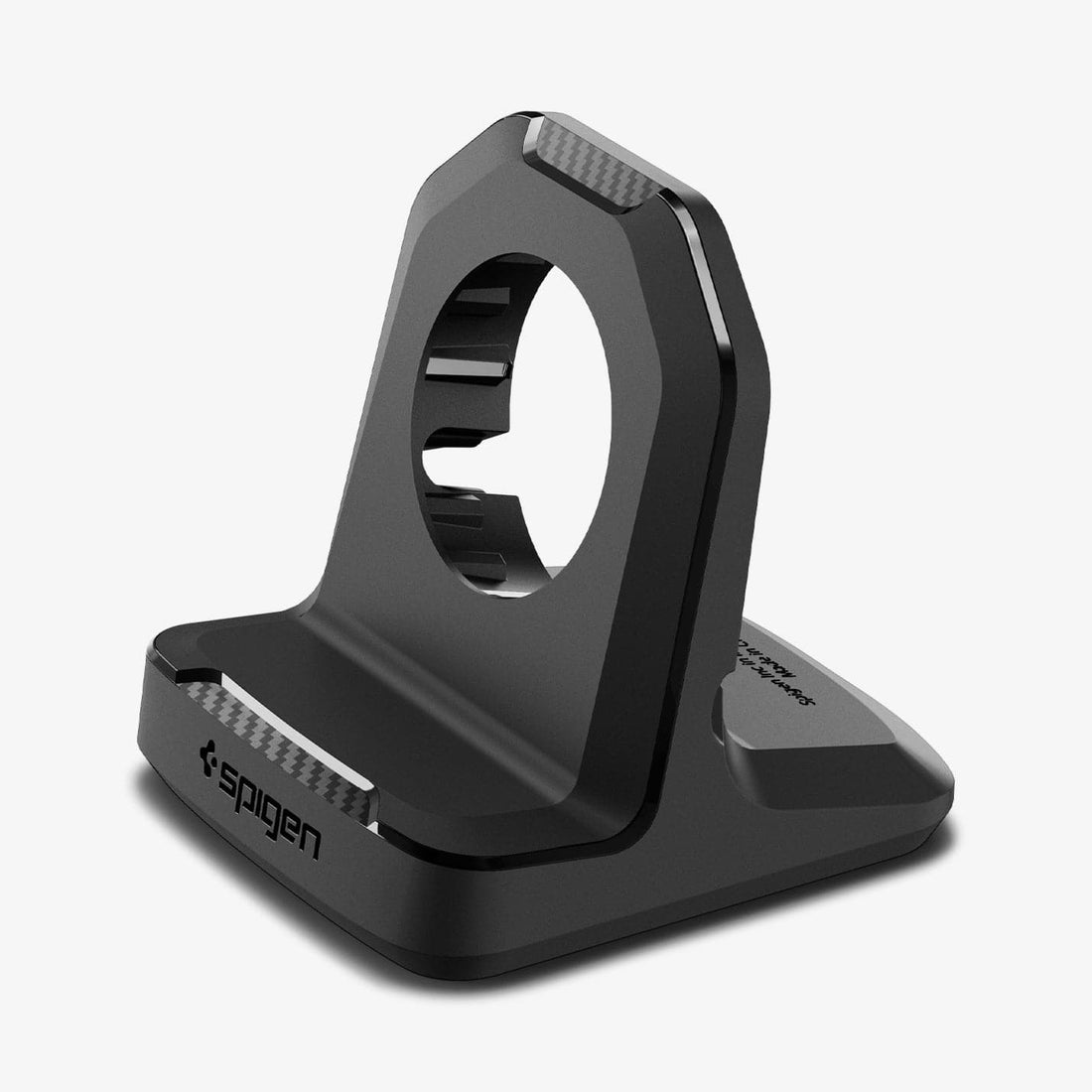 AMP05764 - Apple Watch Rugged Armor Stand in black showing the front and partial side