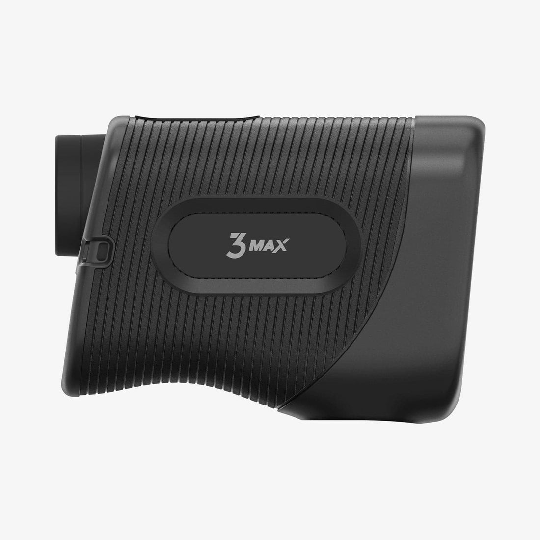 ACS05191 - Blue Tees Golf Series 3 Max Rangefinder AirTag Case Silicone Fit in black showing the front, back and airtag hovering below slot
