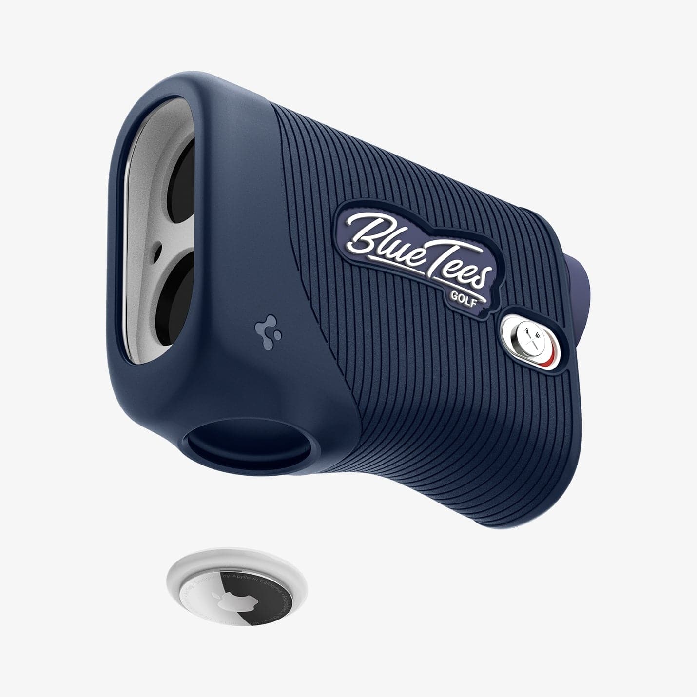 ACS04801 - Blue Tees Golf Series 3 Max Rangefinder AirTag Case Silicone Fit in navy blue showing the front, side and bottom with airtag hovering below slot