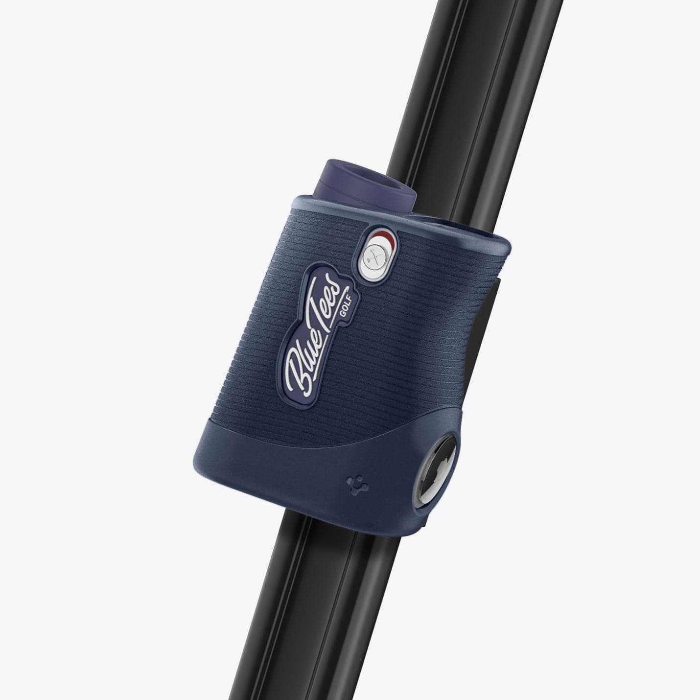 ACS04801 - Blue Tees Golf Series 3 Max Rangefinder AirTag Case Silicone Fit in navy blue showing the rangefinder attached to golf cart