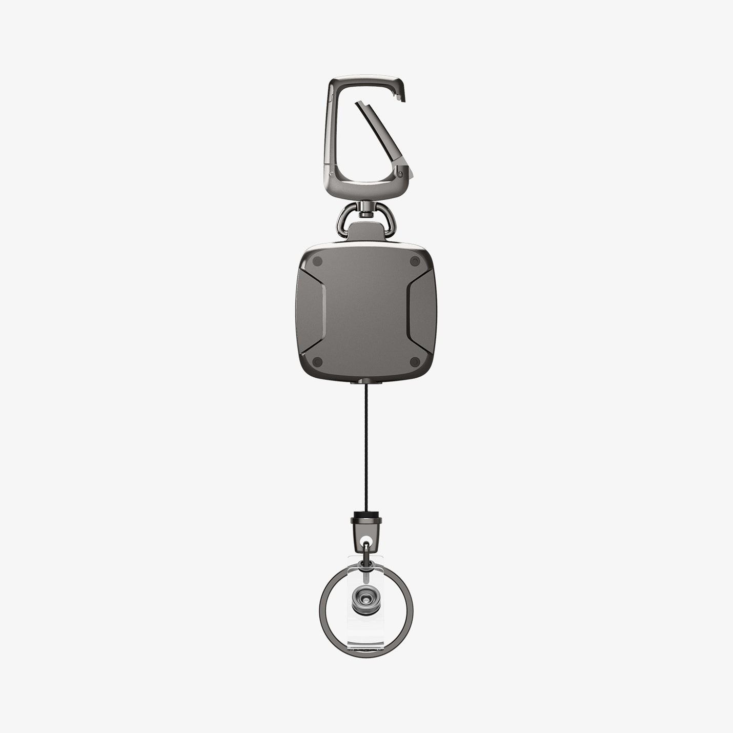 AHP03019 - Carabiner Reel Clip in black showing the back with reel clip extended out slightly and carabiner open