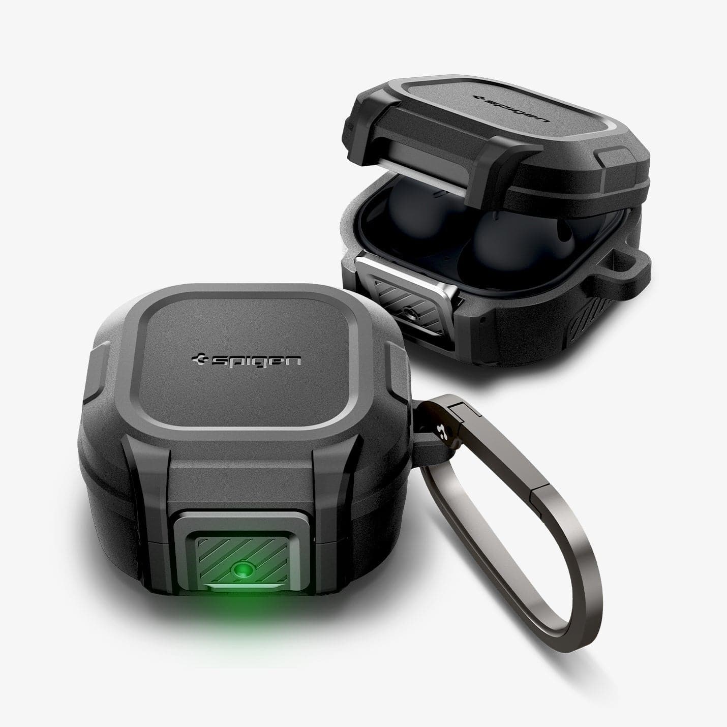 ACS05264 - Galaxy Buds 2 Pro / 2 / Pro / Live Case Lock Fit in matte black showing the top, front, partial inside and carabiner