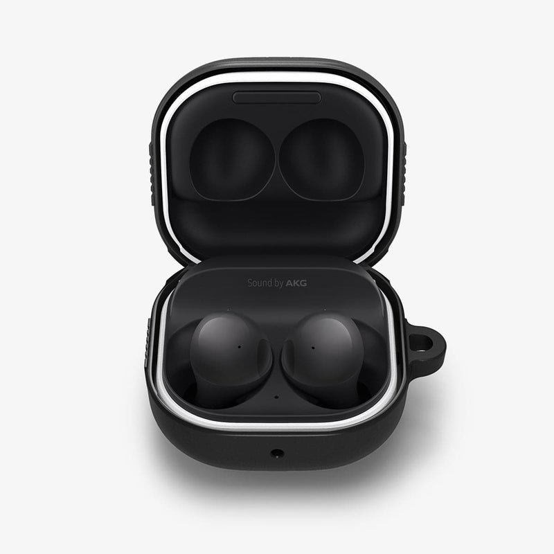 ASD01276 - Galaxy Buds 2 Pro / 2 / Pro / Live Case Rugged Armor in matte black showing the front with top open and earbuds inside