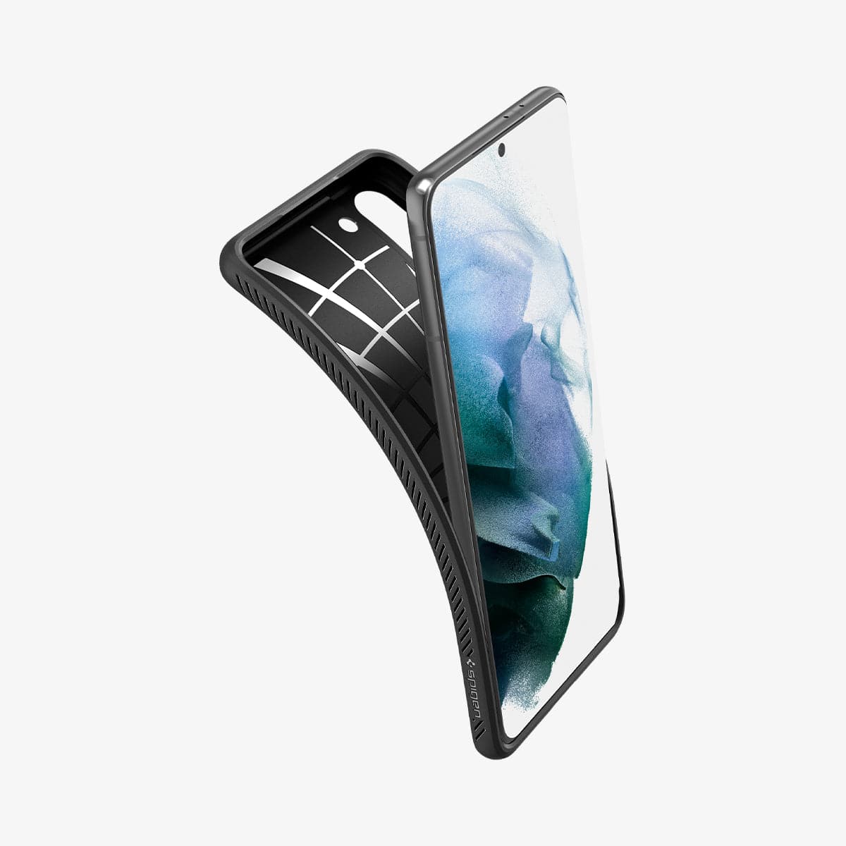 ACS02386 - Galaxy S21 Plus Liquid Air Case in matte black showing the case bending away from the device