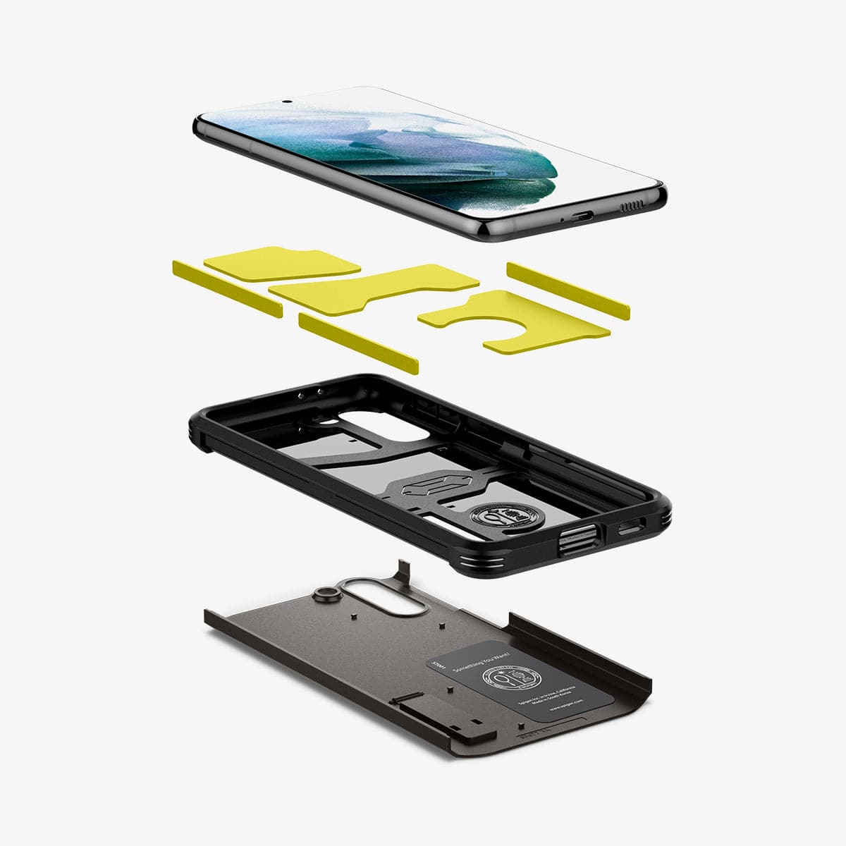 ACS02426 - Galaxy S21 Tough Armor Case in gunmetal showing the hard pc, soft tpu, impact foam and device