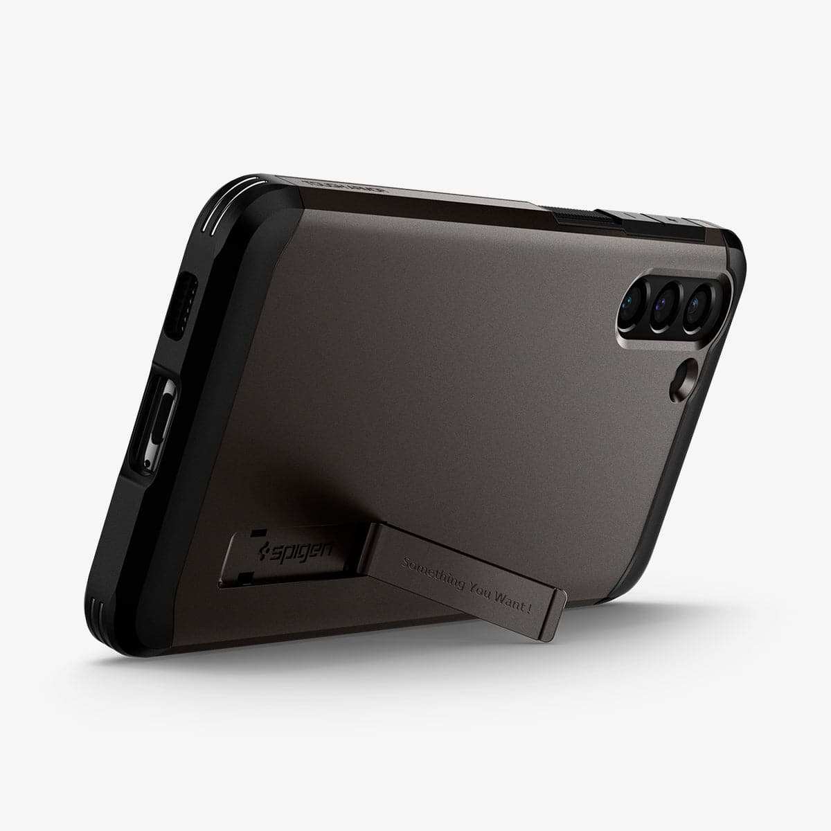 ACS02426 - Galaxy S21 Tough Armor Case in gunmetal showing the back with device propped up by built in kickstand