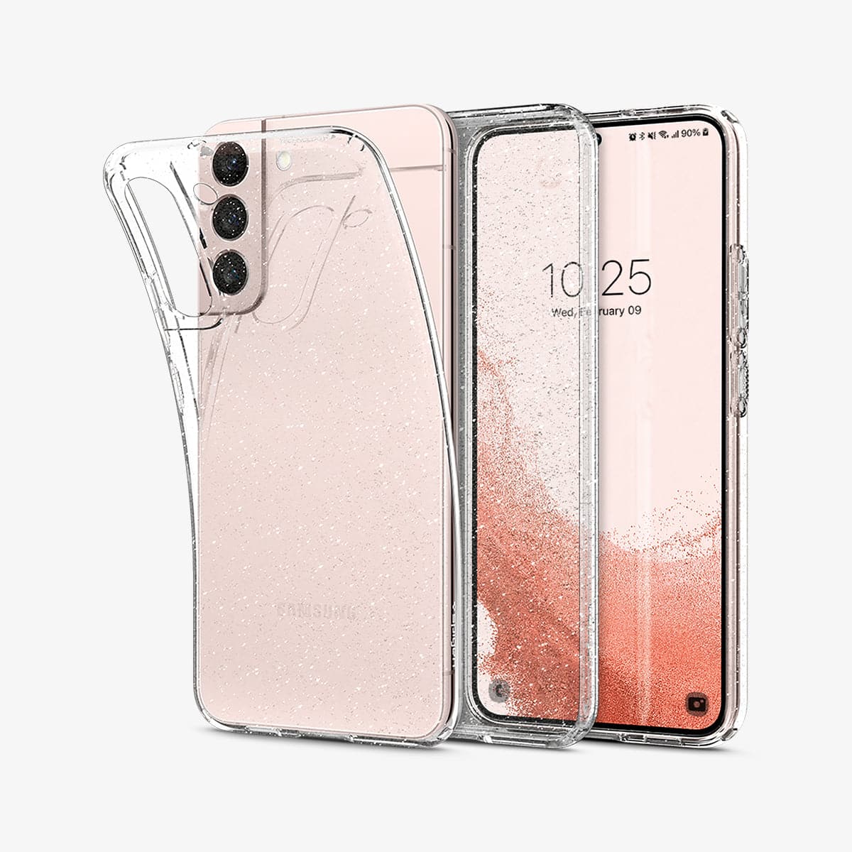 ACS03985 - Galaxy S22 5G Case Liquid Crystal Glitter in crystal quartz showing the back, inside and front