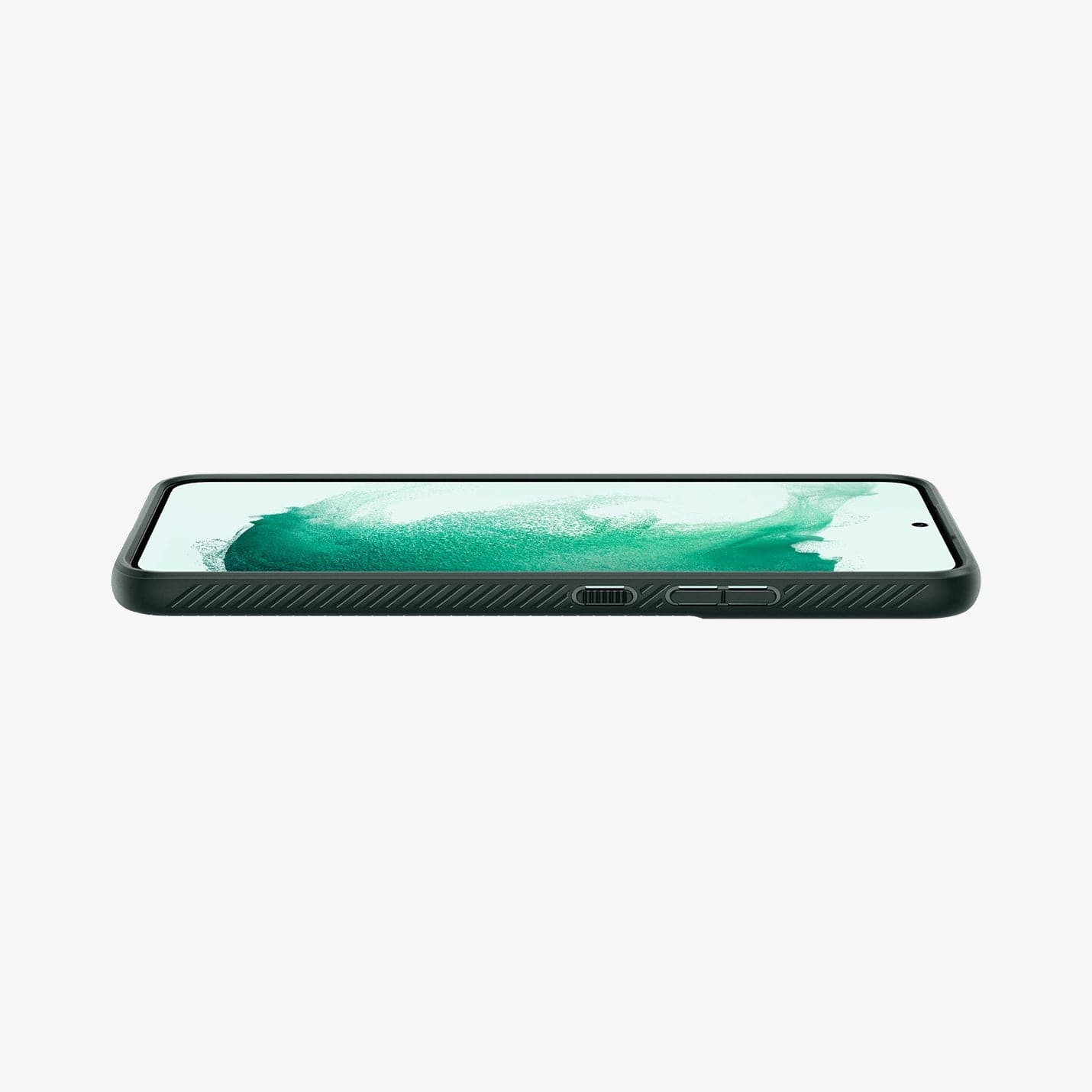 ACS04521 - Galaxy S22 Plus 5G Case Liquid Air in abyss green showing the side and partial front with device laying flat