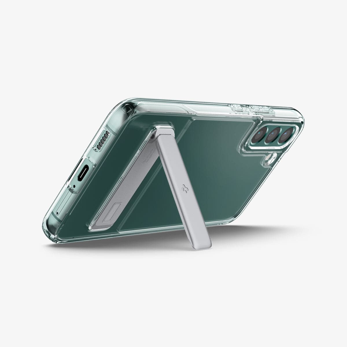ACS03979 - Galaxy S22 Plus 5G Case Slim Armor Essential S in crystal clear showing the device propped up horizontally by built in kickstand